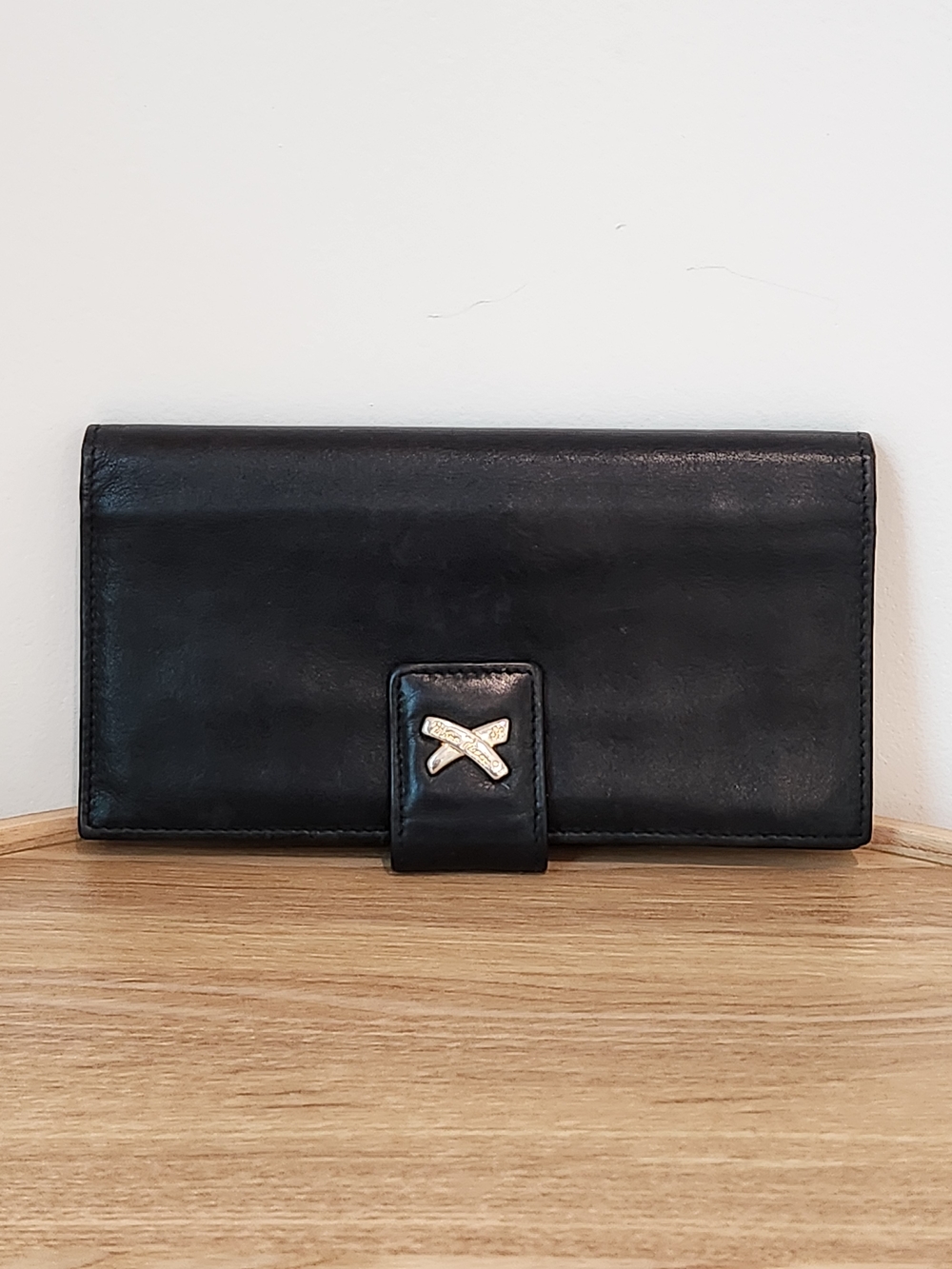 Paloma Picasso Vintage Black Leather Wallet with Silver Accent X Logo